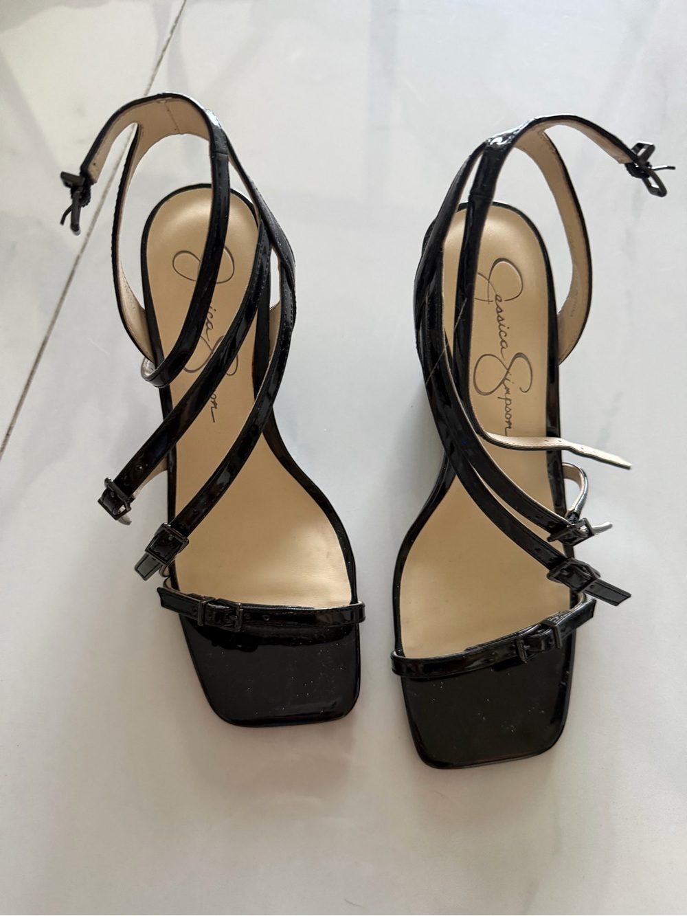 Jessica Simpson Aliara Black Patent Strappy Square-Toe Wedges